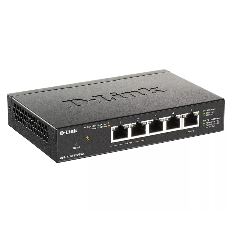 D-Link DGS-1100-05PDV2 valdomas 5 prievadų Gigabit PoE jungiklis su 1 PD prievadu