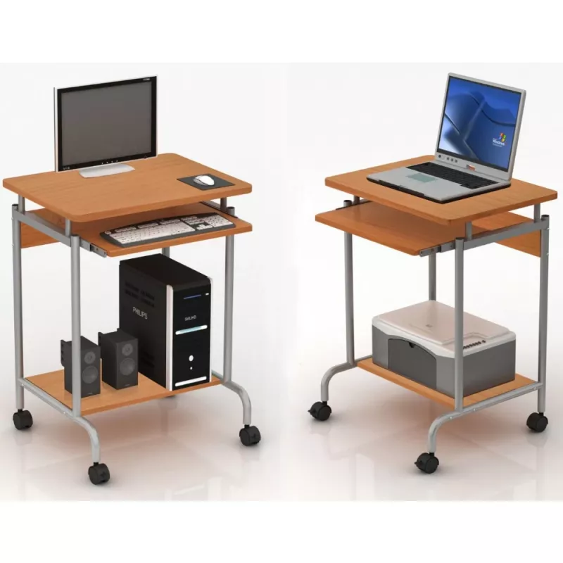 Stalas kompiuteriui TECHLY Compact ICA-TB S005 – kompaktiškas kompiuterinis stalas, MDF stalviršis, klaviatūros lentyna, ratukai, 600×450×750 mm, ąžuolinis