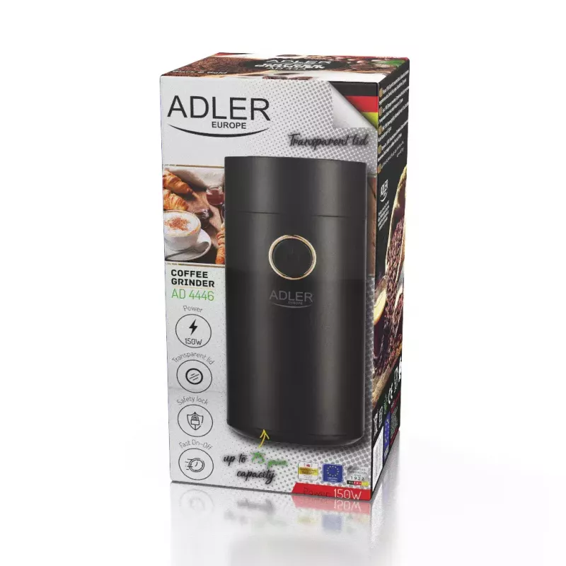 Kavos malūnėlis su plieninėmis girnomis Adler AD 4446bg — 150 W, 75 g talpa, juodas