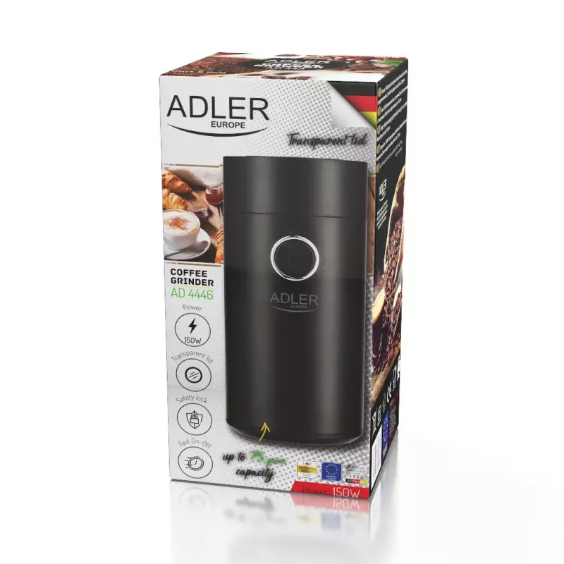 Kavos malūnėlis Adler AD4446BS – 150 W, nerūdijančio plieno girnos, 75 g talpos piltuvas, juoda