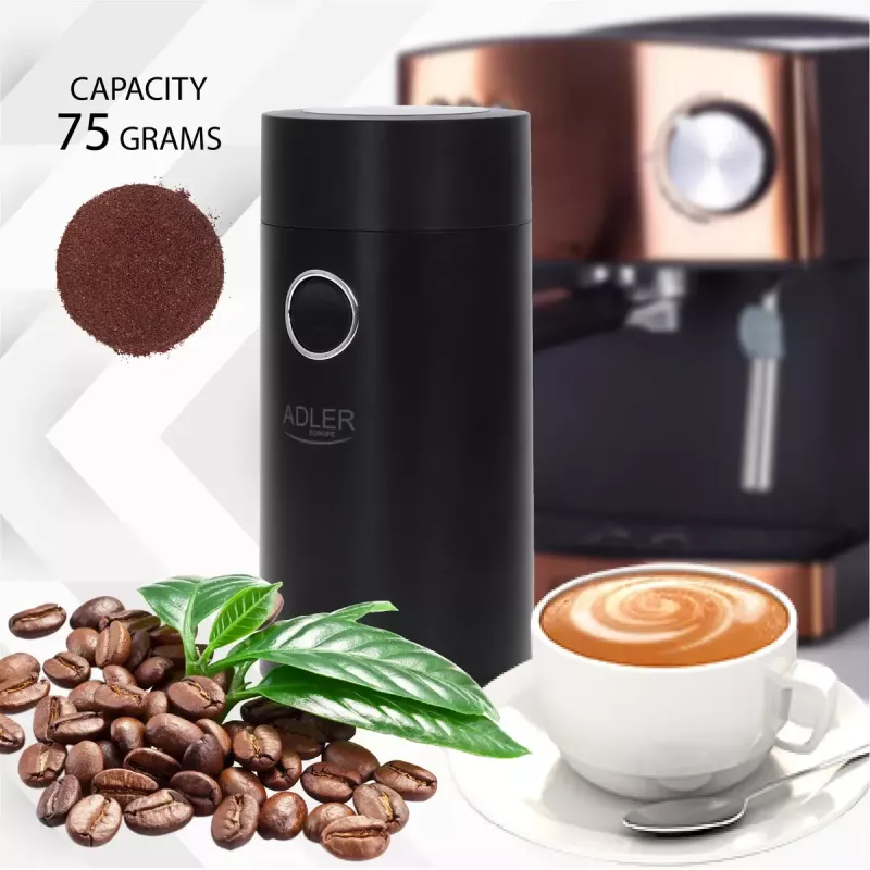 Kavos malūnėlis Adler AD4446BS – 150 W, nerūdijančio plieno girnos, 75 g talpos piltuvas, juoda