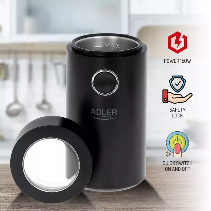 Kavos malūnėlis Adler AD4446BS – 150 W, nerūdijančio plieno girnos, 75 g talpos piltuvas, juoda