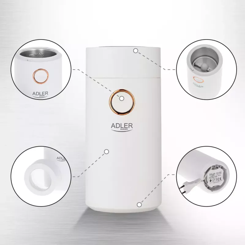 Kavos malūnėlis su akmeniniais girnomis Adler AD4446WG, 150 W, 75 g, baltas