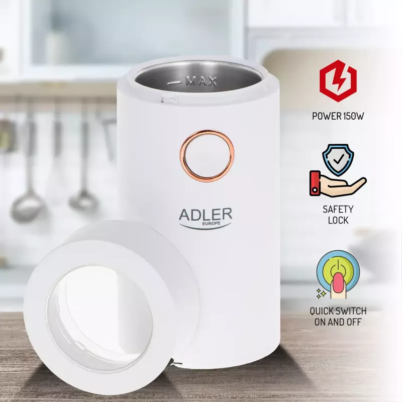Kavos malūnėlis su akmeniniais girnomis Adler AD4446WG, 150 W, 75 g, baltas