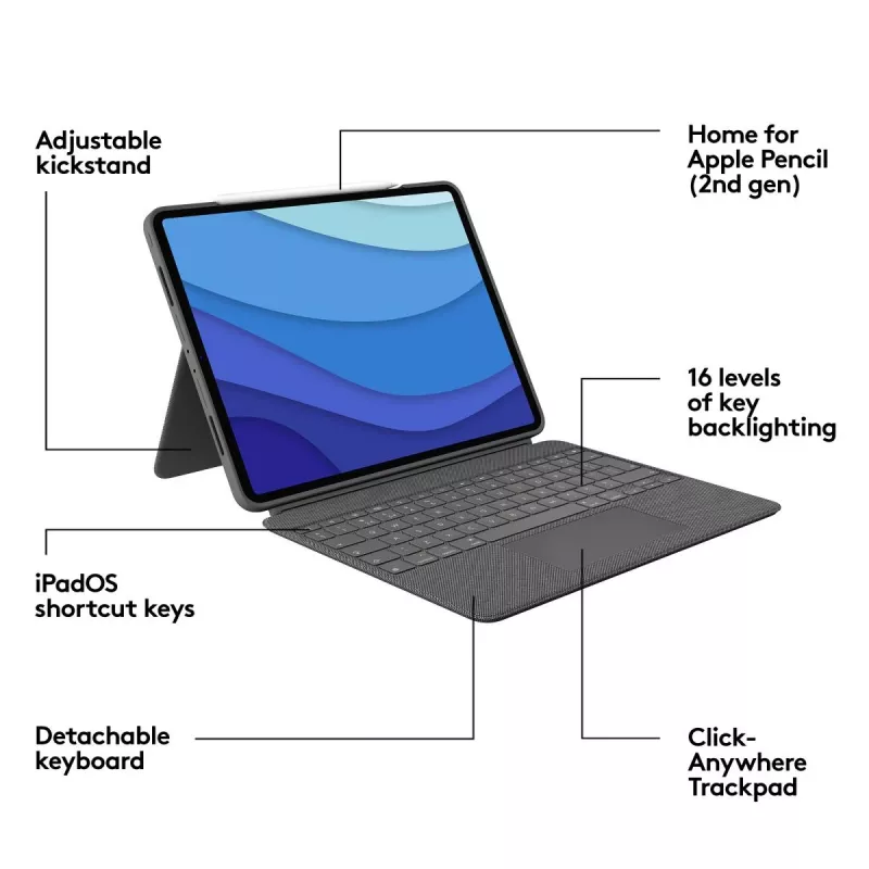 LOGITECH Combo Touch – klaviatūros dėklas, skirtas iPad Pro 12,9 colio (5 kartos), anglų QWERTY