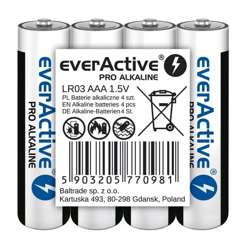 Šarminės AAA baterijos everActive LR03PRO4T — 4 vnt., 1,5 V, 1250 mAh, 44,5×10,5 mm