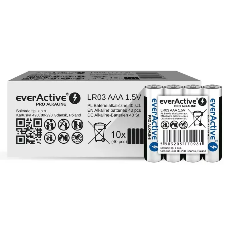 Šarminės AAA baterijos everActive LR03PRO4T — 4 vnt., 1,5 V, 1250 mAh, 44,5×10,5 mm