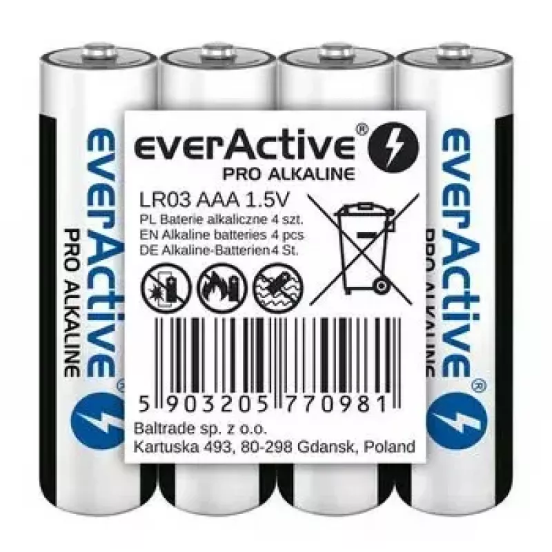 Šarminės AAA baterijos everActive LR03PRO4T — 4 vnt., 1,5 V, 1250 mAh, 44,5×10,5 mm