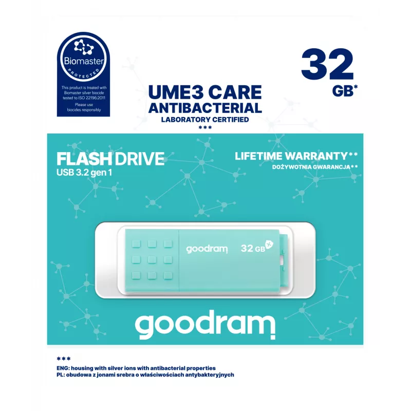 USB atmintukas GOODRAM UME3 32 GB USB Type-A 3.2 Gen 1 – turkio spalvos, 60 MB/s skaitymas, 20 MB/s rašymas