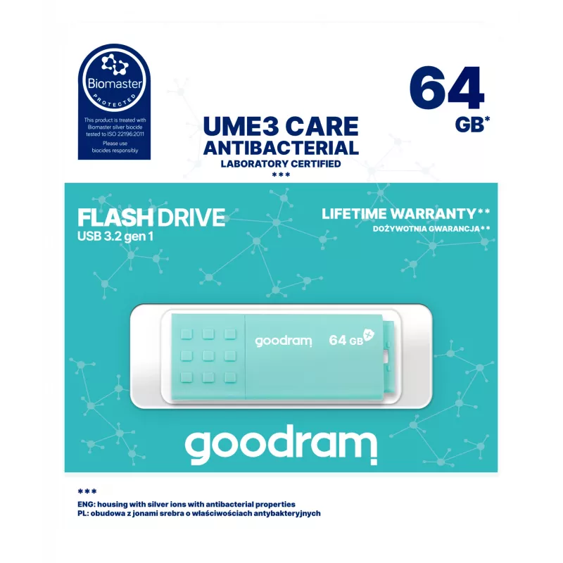 USB atmintukas GOODRAM 64 GB USB Type-A 3.2 Gen 1 UME3, turkio, skaitymas 60 MB/s, rašymas 20 MB/s