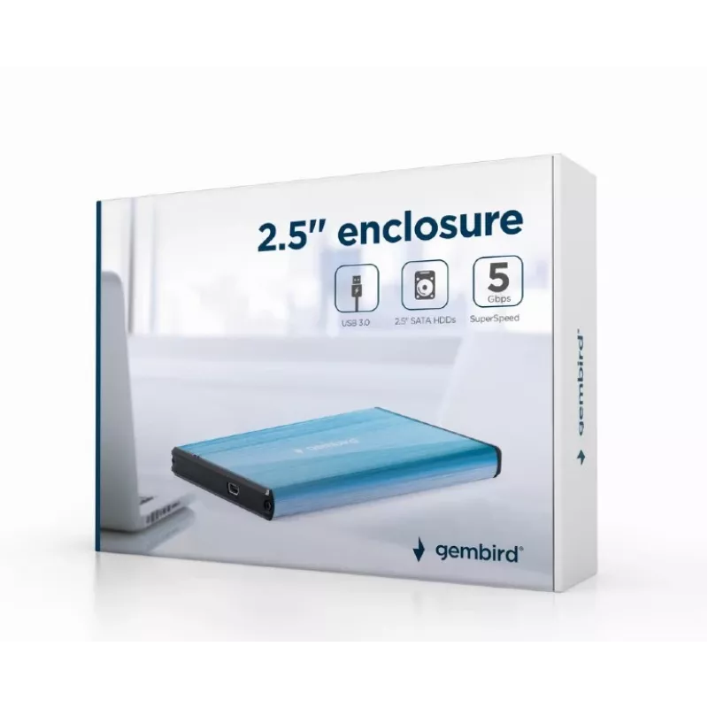 HDD korpusas Gembird EE2-U3S-3-B — 2,5 colio vieno lizdo, SATA, Mini-USB A, iki 7 TB, mėlynas
