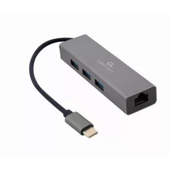 Dokavimo adapteris Gembird A-CMU3-LAN-01 — USB-C 3.2 Gen 1, 1× Gigabit LAN, 3× USB-A, metalinis korpusas, pilka spalva