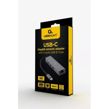Dokavimo adapteris Gembird A-CMU3-LAN-01 — USB-C 3.2 Gen 1, 1× Gigabit LAN, 3× USB-A, metalinis korpusas, pilka spalva