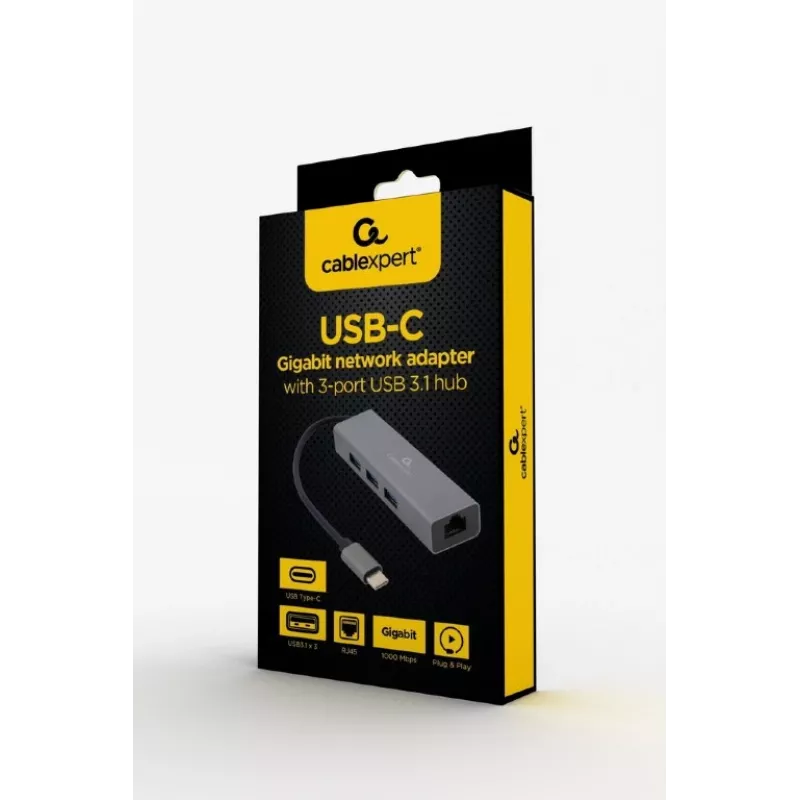 Dokavimo adapteris Gembird A-CMU3-LAN-01 — USB-C 3.2 Gen 1, 1× Gigabit LAN, 3× USB-A, metalinis korpusas, pilka spalva