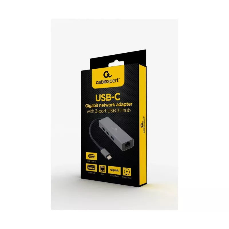 Dokavimo adapteris Gembird A-CMU3-LAN-01 — USB-C 3.2 Gen 1, 1× Gigabit LAN, 3× USB-A, metalinis korpusas, pilka spalva