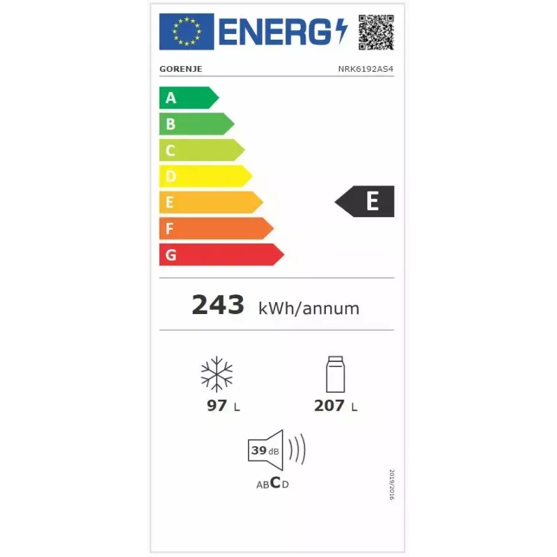 Laisvai pastatomas šaldytuvas-šaldiklis Gorenje NRK6192AS4, 304 L (Šaldytuvas 207 L / Šaldiklis 97 L), No Frost, Pilka