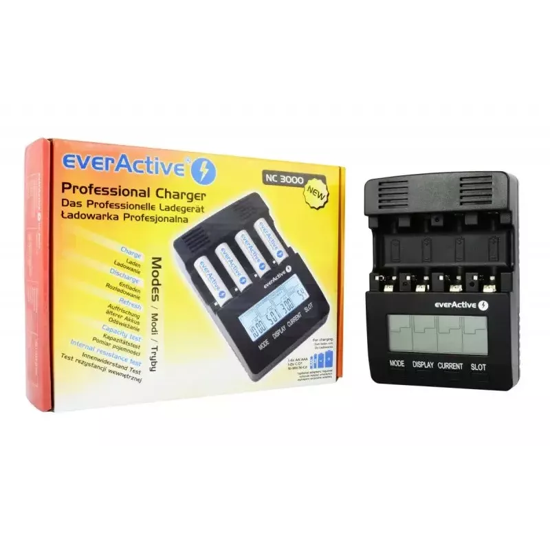 Įkroviklis baterijoms everActive NC-3000 – universalus AA/AAA/C/D (4 ląstelės) juodas, 100–240V