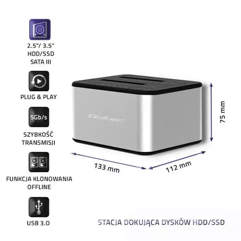 Doko stotelė QOLTEC 5316 2x 2.5/3.5 col. HDD/SSD, SATA, USB 3.0 (5 Gb/s), aliumininis korpusas