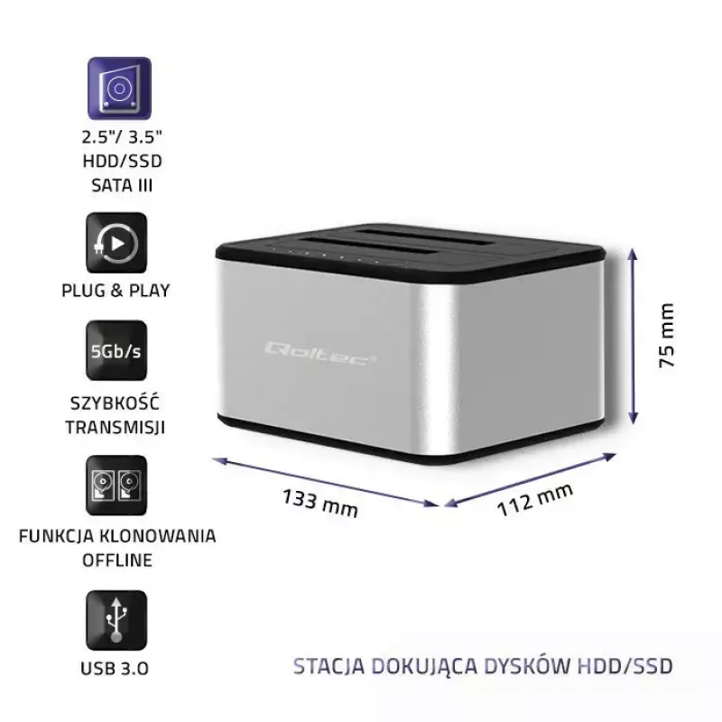 Doko stotelė QOLTEC 5316 2x 2.5/3.5 col. HDD/SSD, SATA, USB 3.0 (5 Gb/s), aliumininis korpusas