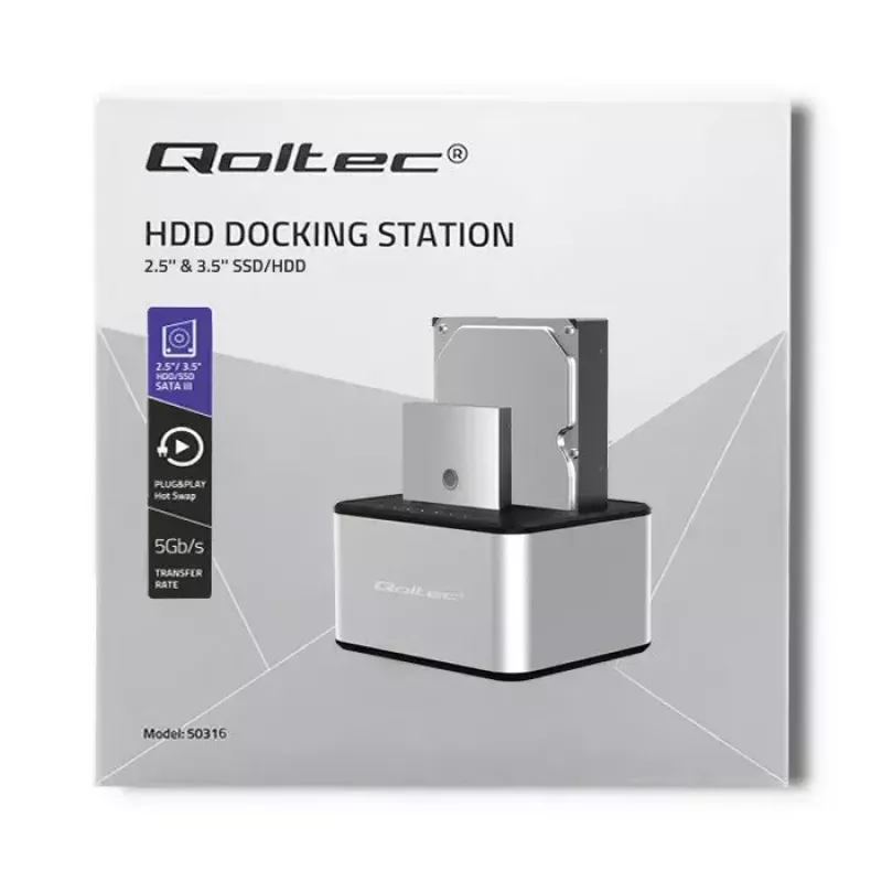 Doko stotelė QOLTEC 5316 2x 2.5/3.5 col. HDD/SSD, SATA, USB 3.0 (5 Gb/s), aliumininis korpusas