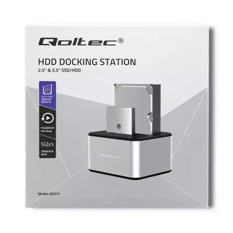 Doko stotelė QOLTEC 5316 2x 2.5/3.5 col. HDD/SSD, SATA, USB 3.0 (5 Gb/s), aliumininis korpusas