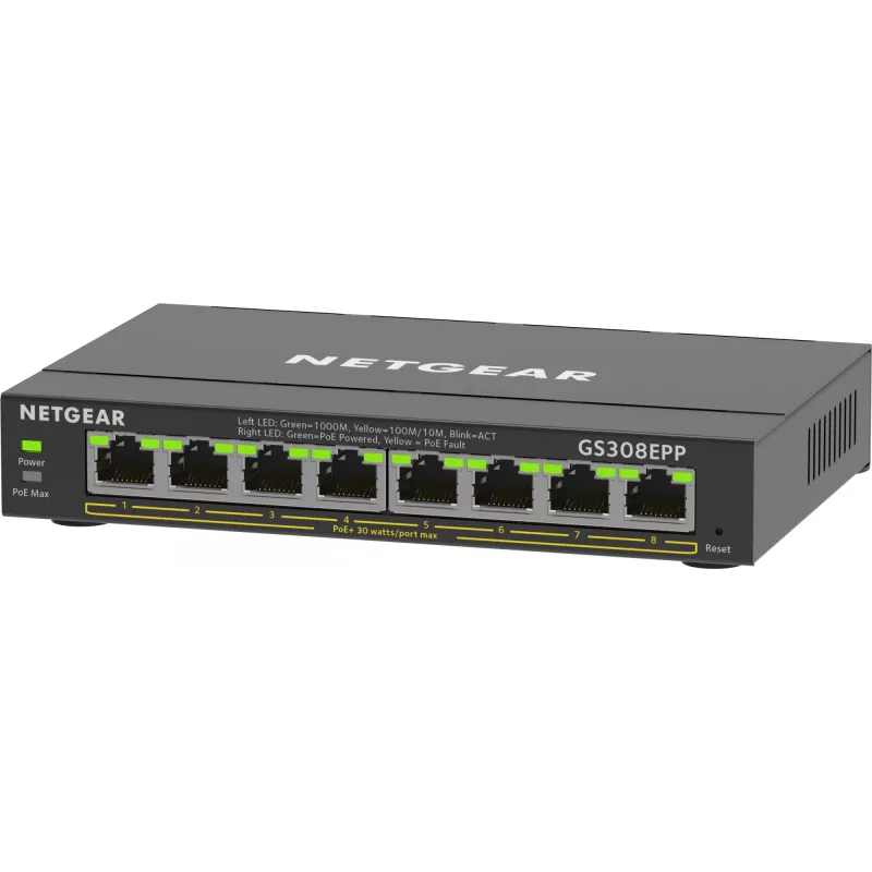 NETGEAR 8 prievadų Gigabit Ethernet PoE+ valdomas jungiklis (GS308EPP)