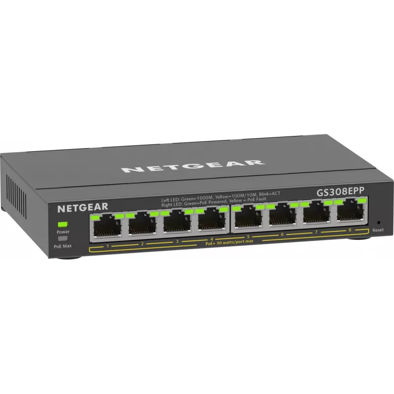 NETGEAR 8 prievadų Gigabit Ethernet PoE+ valdomas jungiklis (GS308EPP)