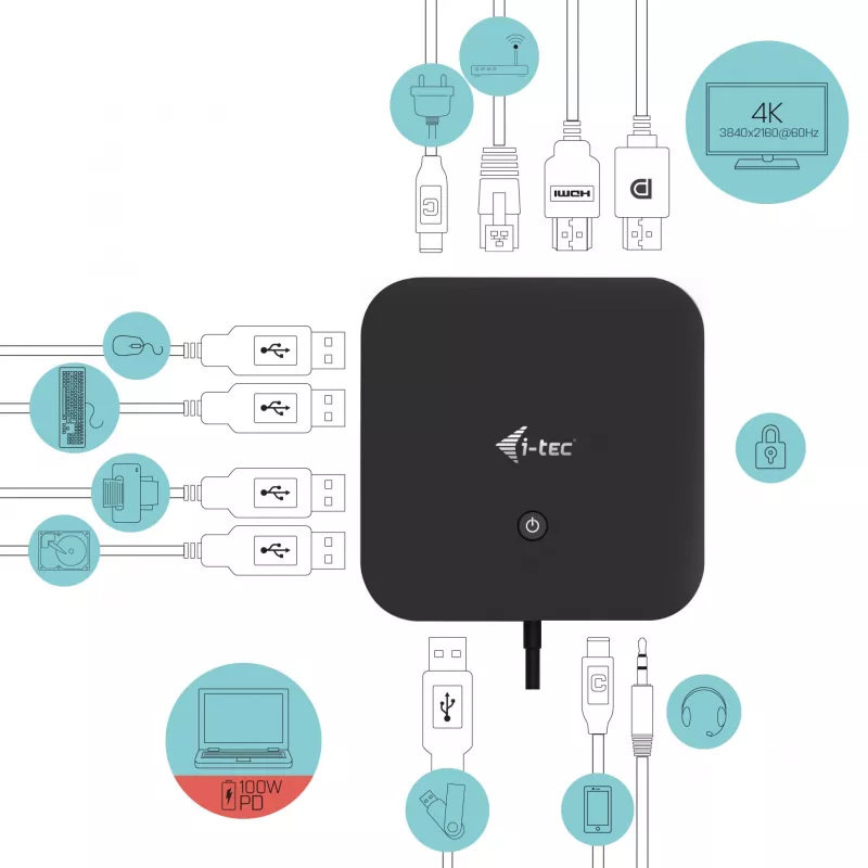 i-tec USB-C HDMI DP dokavimo stotelė su Power Delivery 100 W