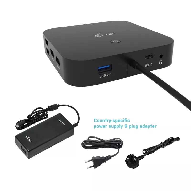i-tec USB-C HDMI DP dokavimo stotelė su 100 W įkrovimu ir universalus 100 W maitinimo adapteris