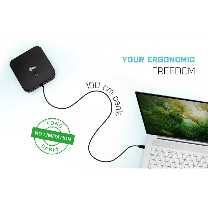 i-tec USB-C HDMI DP dokavimo stotelė su 100 W įkrovimu ir universalus 100 W maitinimo adapteris