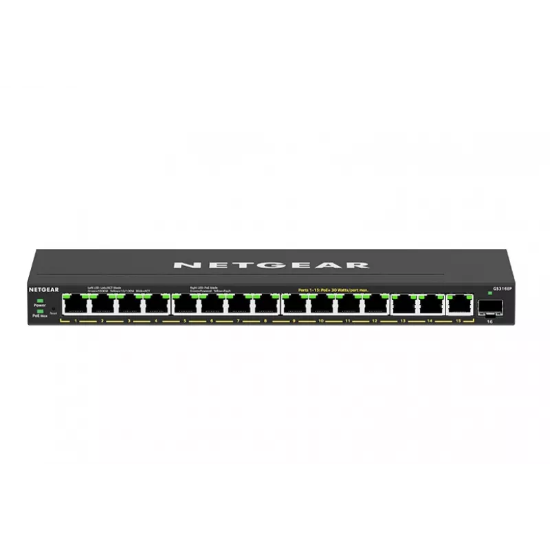 NETGEAR GS316EP-100PES tinklo jungiklis, valdomas, Gigabit Ethernet (10/100/1000), Power over Ethernet (PoE), juodas