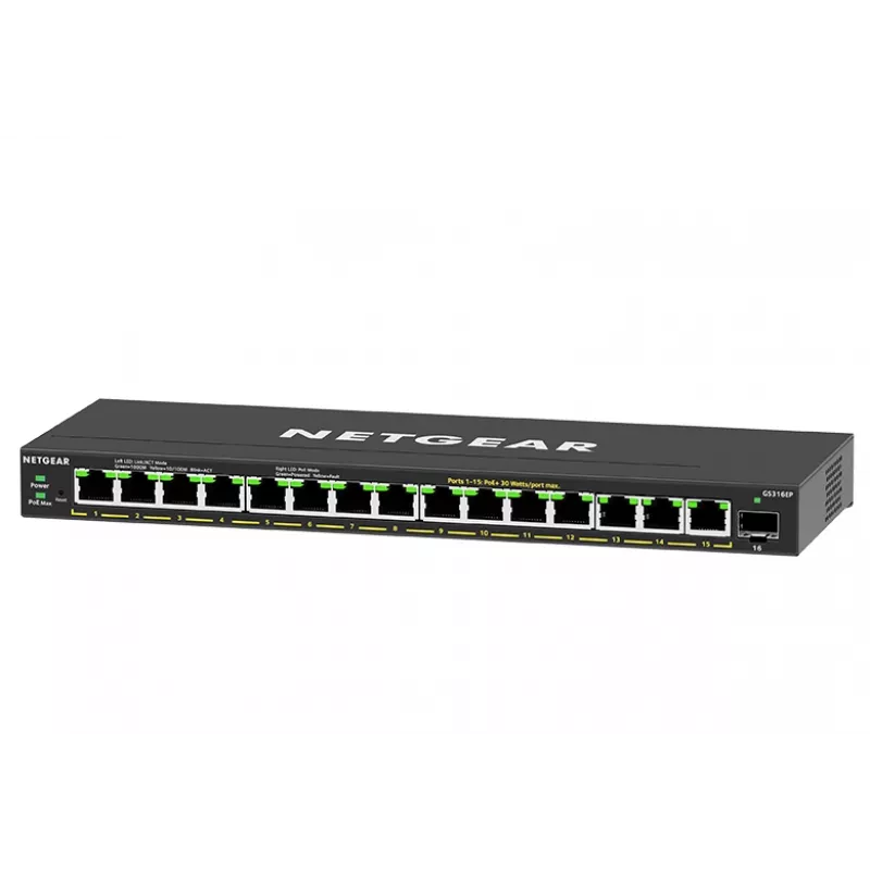 NETGEAR GS316EP-100PES tinklo jungiklis, valdomas, Gigabit Ethernet (10/100/1000), Power over Ethernet (PoE), juodas