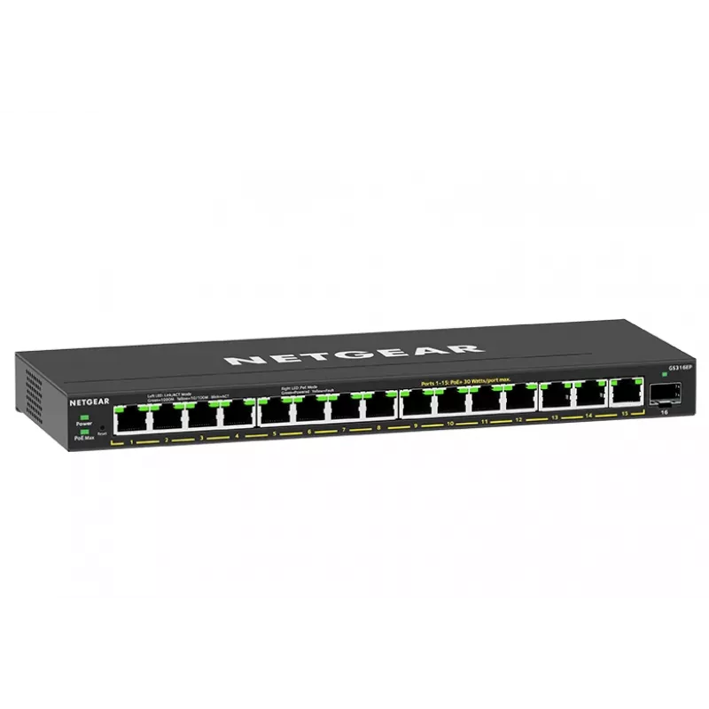 NETGEAR GS316EP-100PES tinklo jungiklis, valdomas, Gigabit Ethernet (10/100/1000), Power over Ethernet (PoE), juodas