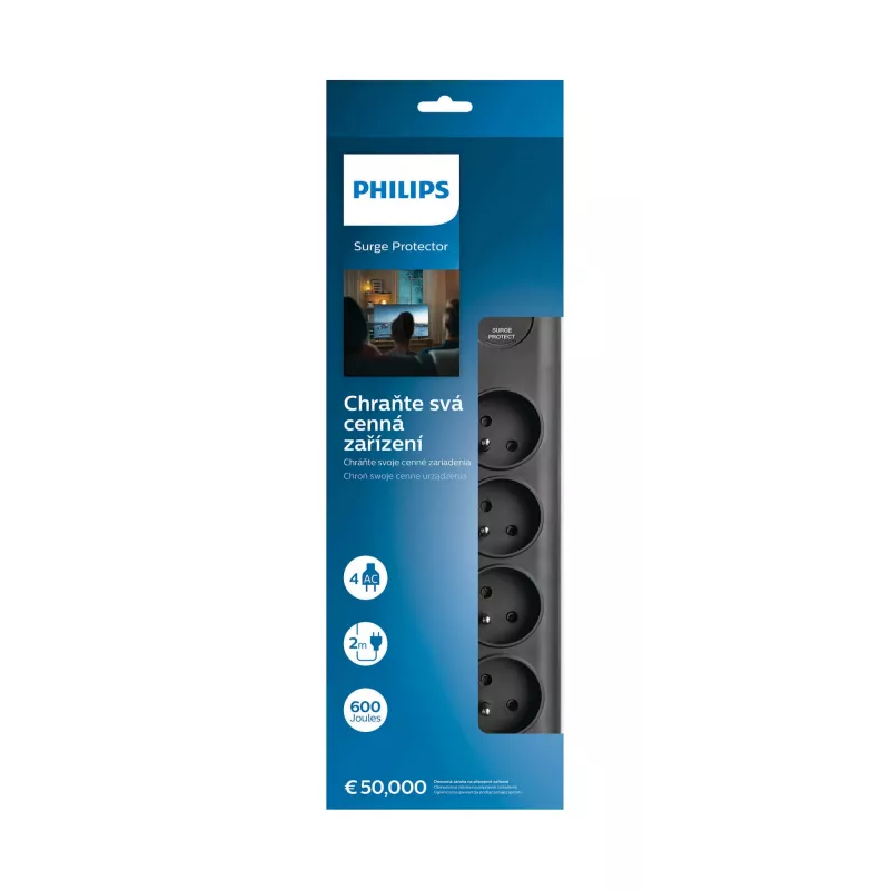 Philips SPN7080BA/60 apsauginis filtras nuo įtampos šuolių, juodas, 8 AC lizdai, 2 m