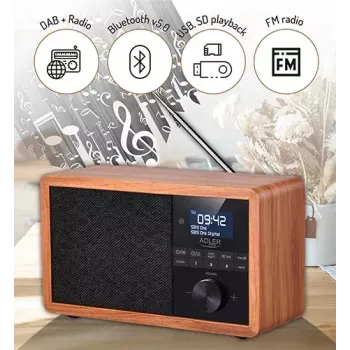 Nešiojamas radijas Adler AD 1184 su DAB+/FM/AM skaitmeniniu imtuvu, Bluetooth 5.0, 15W, SD/USB, žadintuvu, juoda/medis
