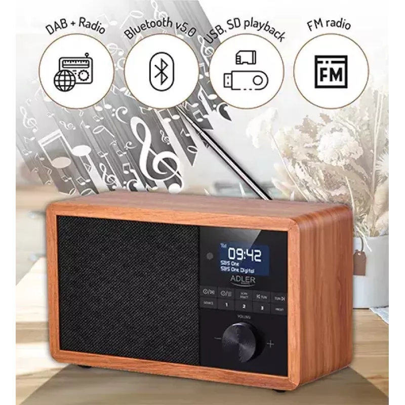 Nešiojamas radijas Adler AD 1184 su DAB+/FM/AM skaitmeniniu imtuvu, Bluetooth 5.0, 15W, SD/USB, žadintuvu, juoda/medis