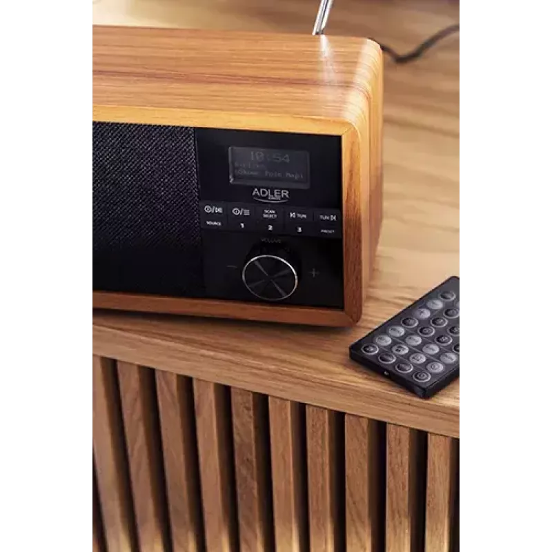 Nešiojamas radijas Adler AD 1184 su DAB+/FM/AM skaitmeniniu imtuvu, Bluetooth 5.0, 15W, SD/USB, žadintuvu, juoda/medis