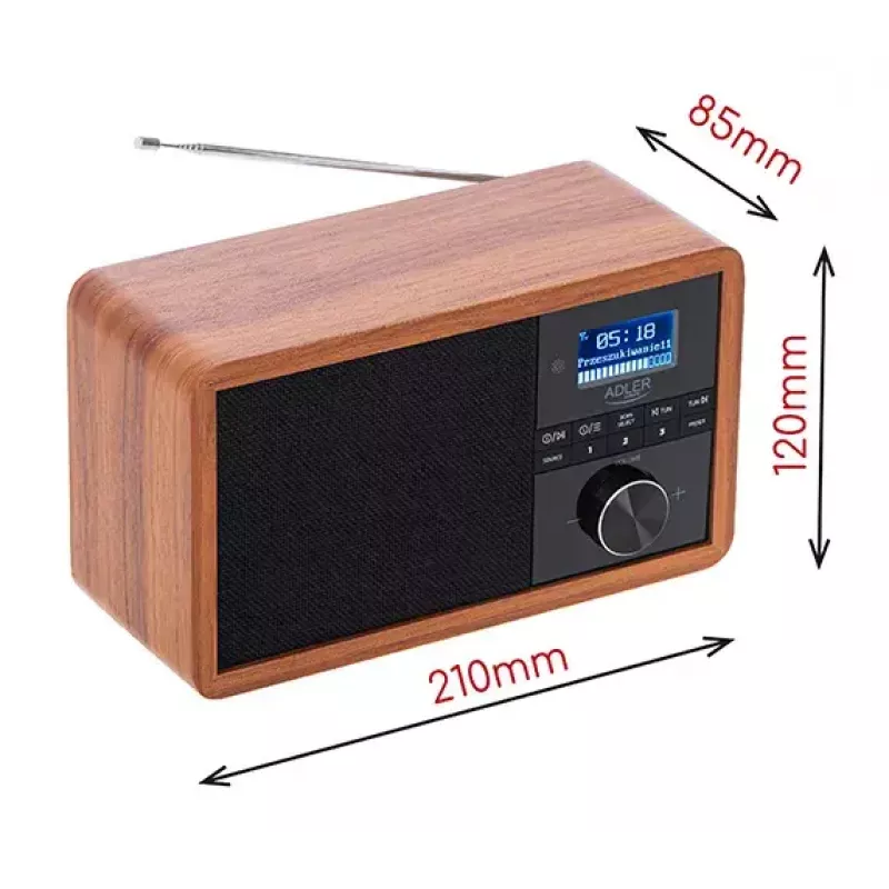 Nešiojamas radijas Adler AD 1184 su DAB+/FM/AM skaitmeniniu imtuvu, Bluetooth 5.0, 15W, SD/USB, žadintuvu, juoda/medis