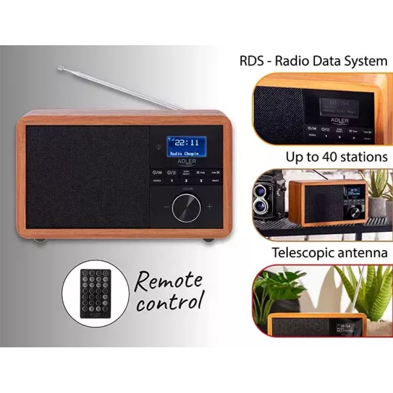 Nešiojamas radijas Adler AD 1184 su DAB+/FM/AM skaitmeniniu imtuvu, Bluetooth 5.0, 15W, SD/USB, žadintuvu, juoda/medis