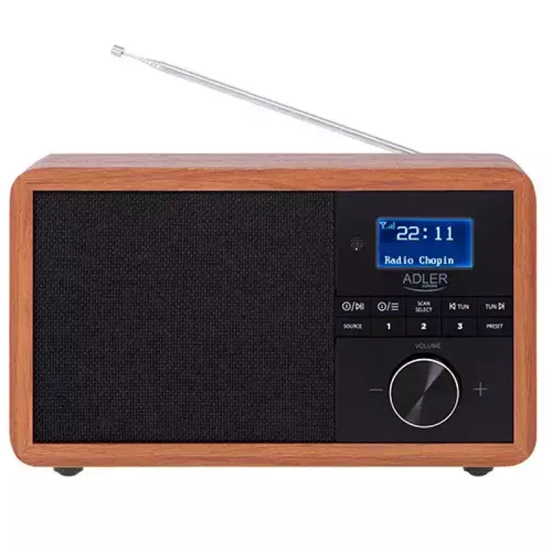 Nešiojamas radijas Adler AD 1184 su DAB+/FM/AM skaitmeniniu imtuvu, Bluetooth 5.0, 15W, SD/USB, žadintuvu, juoda/medis