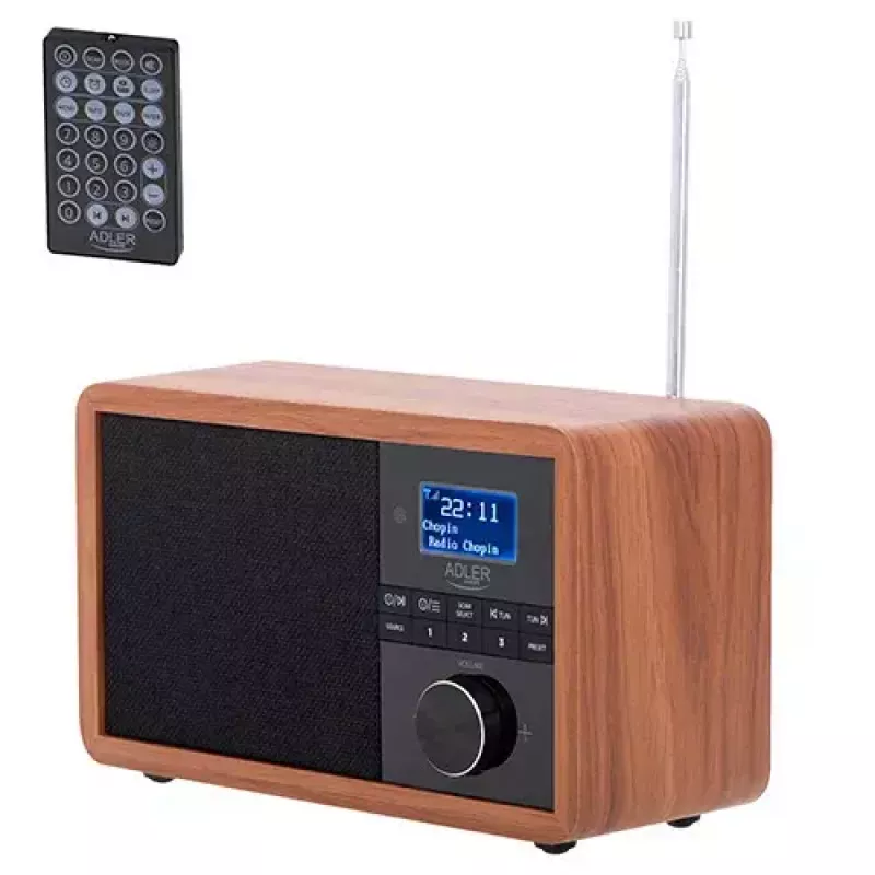 Nešiojamas radijas Adler AD 1184 su DAB+/FM/AM skaitmeniniu imtuvu, Bluetooth 5.0, 15W, SD/USB, žadintuvu, juoda/medis