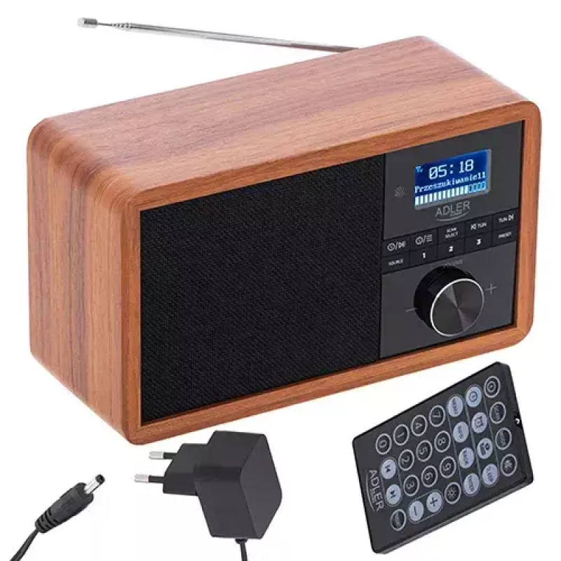 Nešiojamas radijas Adler AD 1184 su DAB+/FM/AM skaitmeniniu imtuvu, Bluetooth 5.0, 15W, SD/USB, žadintuvu, juoda/medis