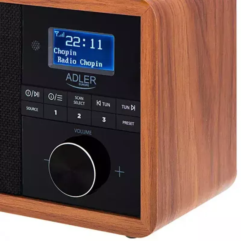 Nešiojamas radijas Adler AD 1184 su DAB+/FM/AM skaitmeniniu imtuvu, Bluetooth 5.0, 15W, SD/USB, žadintuvu, juoda/medis