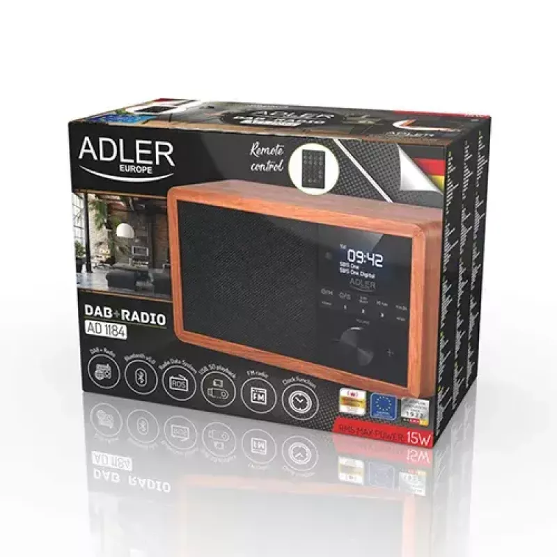 Nešiojamas radijas Adler AD 1184 su DAB+/FM/AM skaitmeniniu imtuvu, Bluetooth 5.0, 15W, SD/USB, žadintuvu, juoda/medis