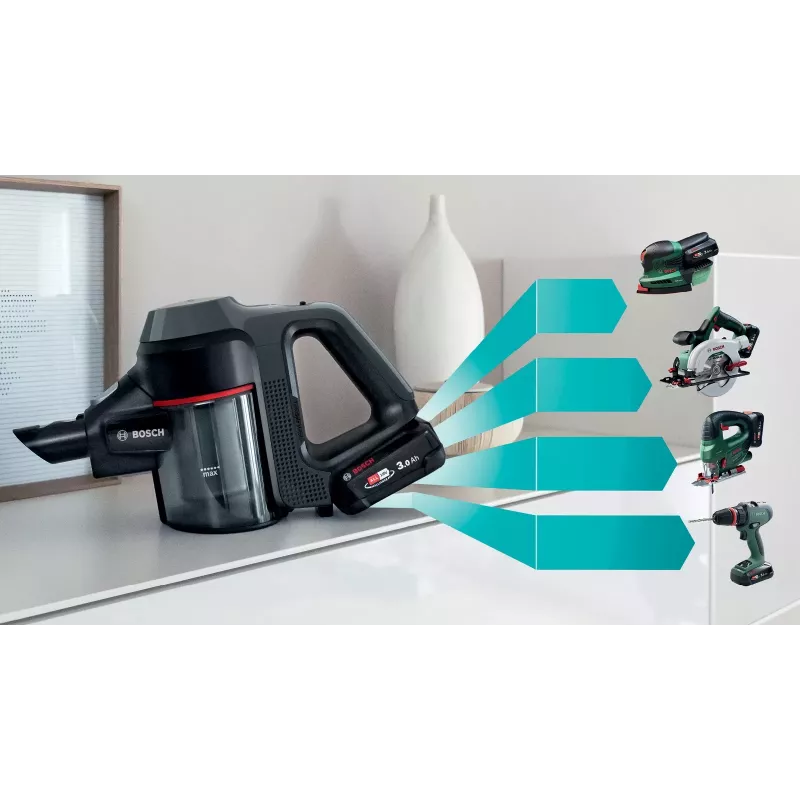 Bosch BBS712A belaidis dulkių siurblys 2-in-1 šluota, baterija, sausas valymas, Higienos filtras, be maišelio, 0.3 l, grafitas