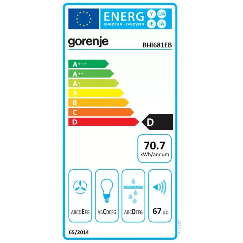 Įmontuojamas gartraukis Gorenje BHI681EB – 534 mm plotis, 370 m³/h, aliumininis riebalų filtras, 67 dB, juodas