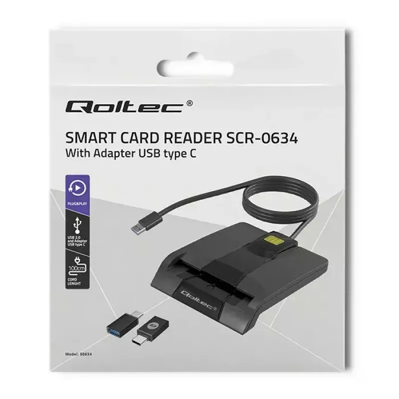 Kortelių skaitytuvas QOLTEC 50634 USB Type-C, ABS korpusas, 90×69 mm, 1,0 m kabelis, juodas