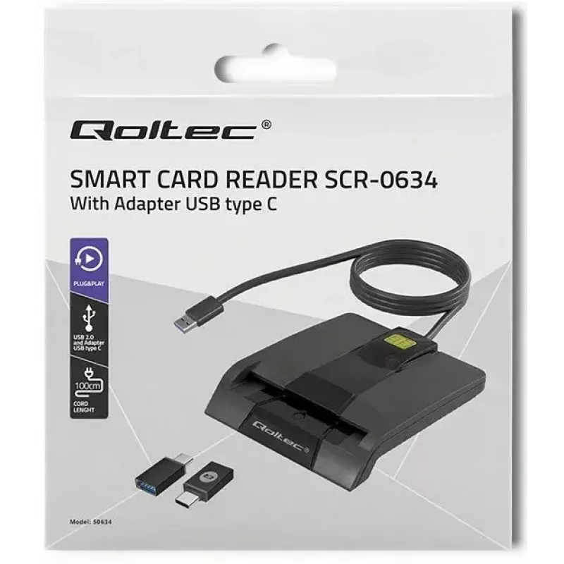 Kortelių skaitytuvas QOLTEC 50634 USB Type-C, ABS korpusas, 90×69 mm, 1,0 m kabelis, juodas