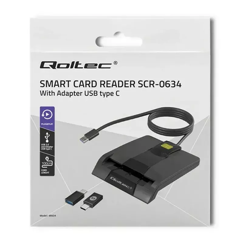Kortelių skaitytuvas QOLTEC 50634 USB Type-C, ABS korpusas, 90×69 mm, 1,0 m kabelis, juodas