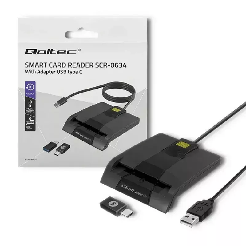 Kortelių skaitytuvas QOLTEC 50634 USB Type-C, ABS korpusas, 90×69 mm, 1,0 m kabelis, juodas